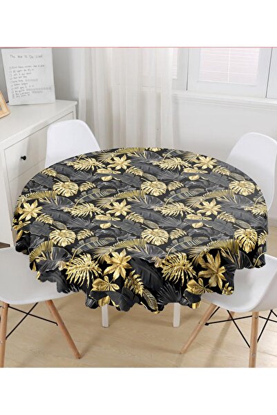 Realhomes مفرش طاولة دائري منقوش بأوراق ذهبية على أرضية سوداء - قطر 140 سم
