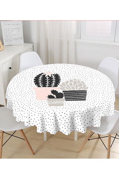 Realhomes Fata de masa rotunda cu model cactus cu buline negre pe fundal alb - diametru 140cm
