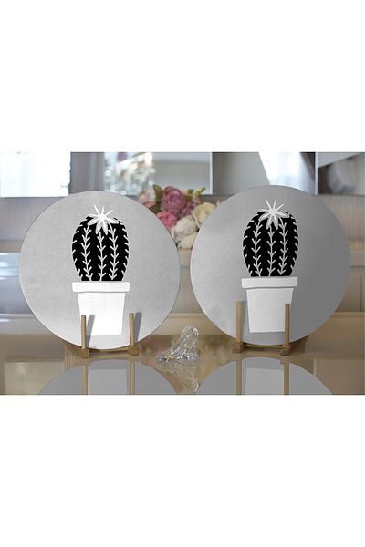 Realhomes 2-Piece Gray Floor Cactus Patterned Digital Printed Decorative Round Plate & Placemat