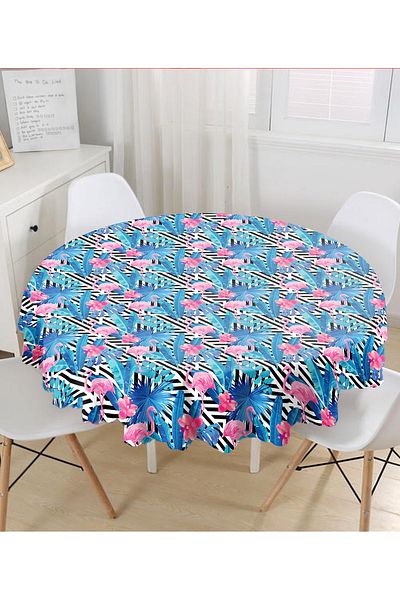 Realhomes Față de masă rotundă cu imprimare digitală cu design geometric, albastru, roz, flamingo - Diametru 140cm