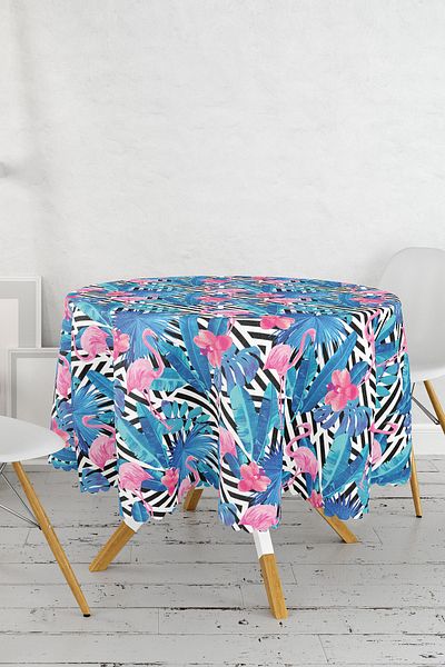 Realhomes Față de masă rotundă cu imprimare digitală cu design geometric, albastru, roz, flamingo - Diametru 140cm