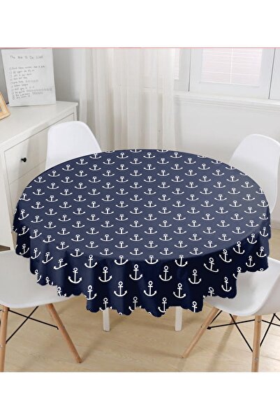 Realhomes مفرش طاولة دائري حديث مطبوع رقميًا بنمط مرساة على أرضية باللون الأز...