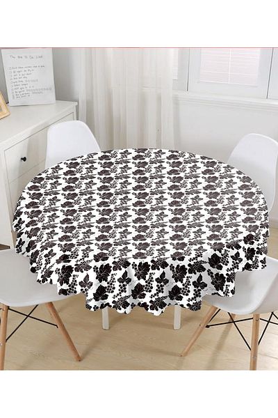 Realhomes Fata de masa rotunda cu model frunze negre pe fundal alb - diametru 140cm