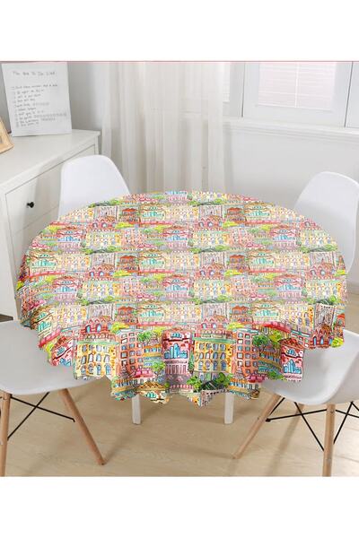 Realhomes Fata de masa rotunda cu model geometric roz pe fundal negru - Diametru 140cm