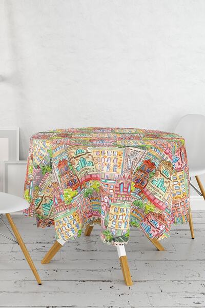 Realhomes Fata de masa rotunda cu model geometric roz pe fundal negru - Diametru 140cm