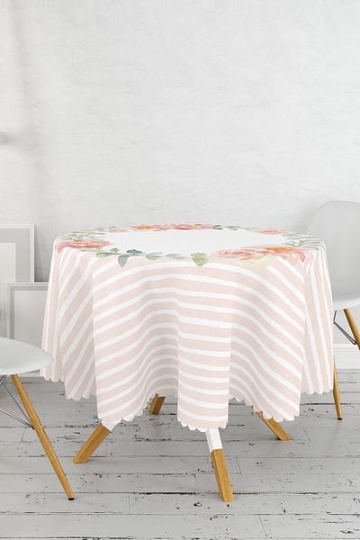 Realhomes Think Happy Printed Round Tablecloth with Flower Motif - Diameter 140cm