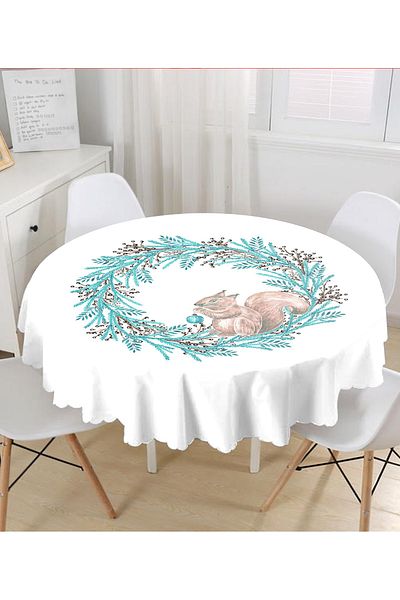 Realhomes Fata de Masa Rotunda Moderna Imprimata Digital cu Motiv Coroana Albastra Veverita - Diametru 140cm