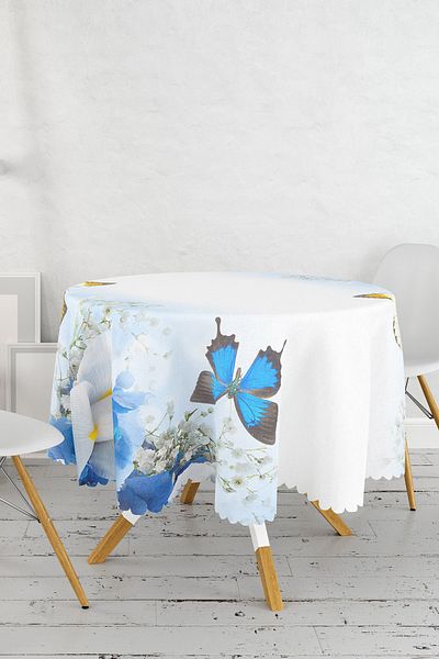 Realhomes Fata de masa rotunda imprimata digital cu design fluture si trandafir - Diametru 140cm