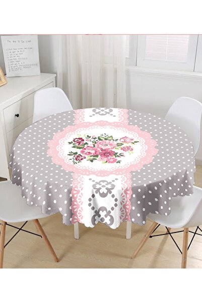 Realhomes Gri Zemin Puantiyeli Gül Tasarımlı Yuvarlak Masa Örtüsü - Çap 140cm