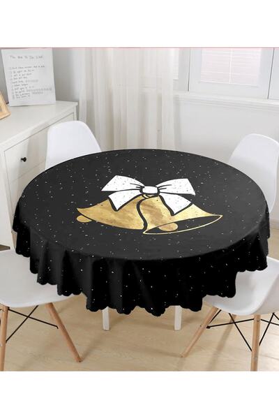 Realhomes Siyah Zemin Sarı Çan Desenli Modern Yuvarlak Masa Örtüsü Çap 140cm