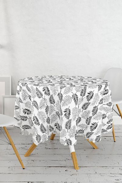 Realhomes Fata de masa rotunda cu model frunze negre pe fundal alb - diametru 140cm