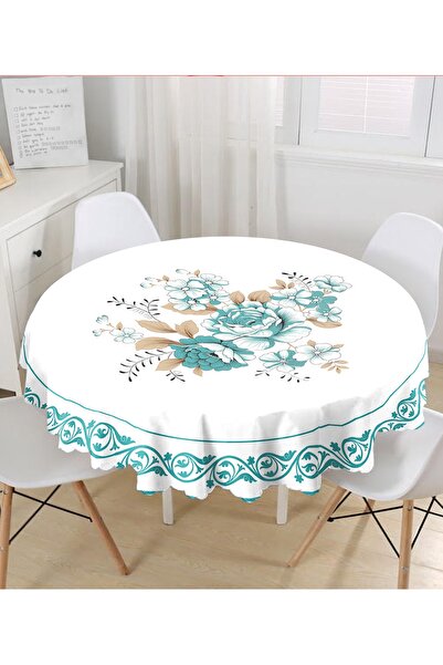 Realhomes Turkuaz & Kahve Motifli Özel Tasarım Yuvarlak Masa Örtüsü - Çap 140 cm