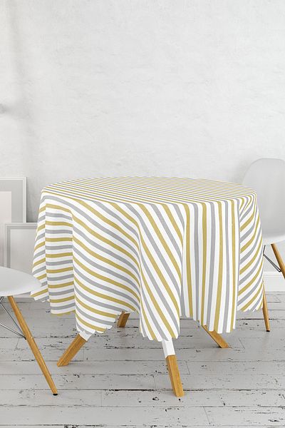 Realhomes Fata de masa Rotunda Moderna cu Detaliu Auriu si Dungi Orizontale pe Fond Alb - Diametru 140 cm