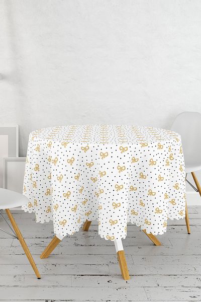 Realhomes Față de masă rotundă modernă cu desen geometric detaliat auriu pe fundal alb - Diametru 140cm
