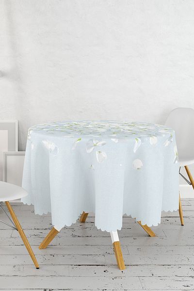 Realhomes Față de masă rotundă modernă, cu model de flori de hortensie albă, imprimată digitală, cu fundal colorat - diametru 140 cm