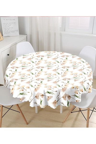 Realhomes Digital Printed Modern Round Tablecloth with Flower Pattern on White Background - Diameter 140cm