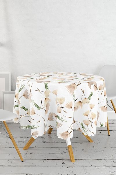 Realhomes Digital Printed Modern Round Tablecloth with Flower Pattern on White Background - Diameter 140cm