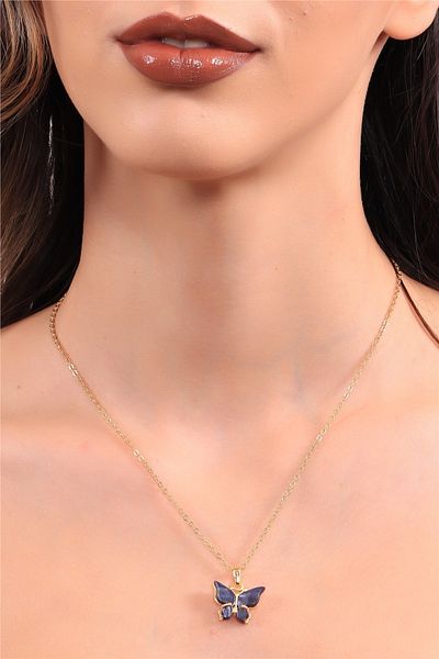 LABALABA Women's Gold Color Plated Anthracite Mother-of-Pearl Stone Butterfly Figure Chain Necklace