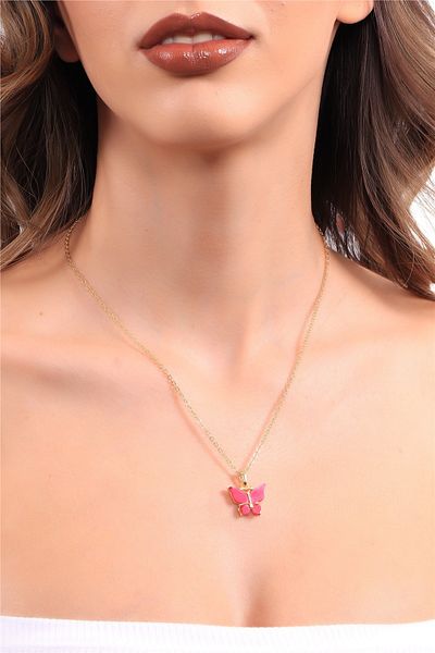 LABALABA Women's Gold Color Plated Mother-of-Pearl Stone Butterfly Figure Chain Necklace