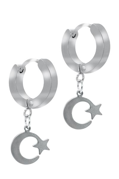 LABALABA Men's Silver Color Dangle Steel Earrings with Moon & Star Objects