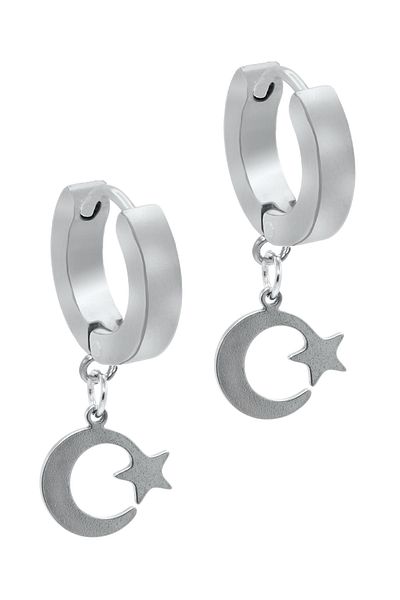 LABALABA Men's Silver Color Dangle Steel Earrings with Moon & Star Objects