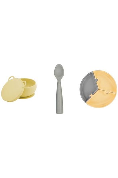 OiOi Set of 3 Puzzle Plate, Bowl with Lid Yellow, Nam Nam Spoon Gray