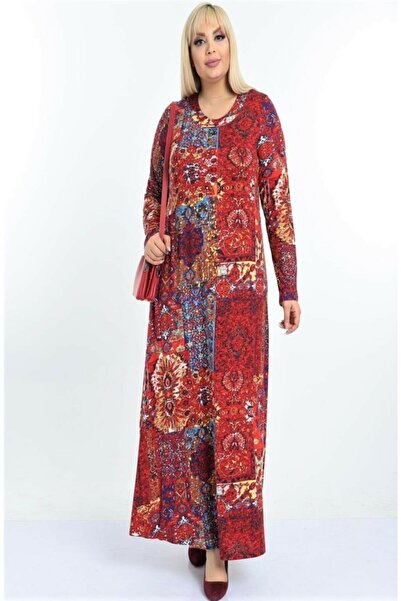 Hazinedan Large Size Red Ethnic Patterned Long Dress