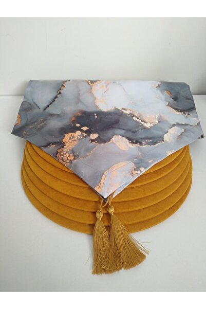 Ayşemce Сив мраморен мотив - 6 горчичножълти подложки