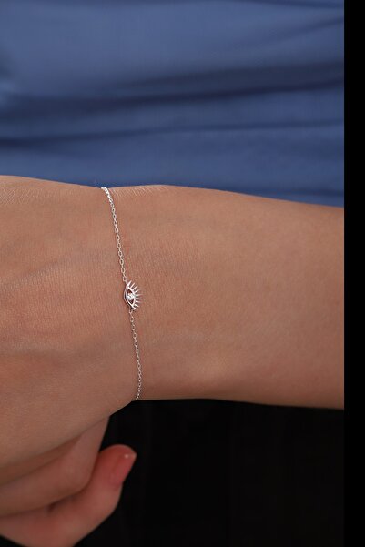 Bilsen Store 925 Ayar Gümüş Zincirli Zirkon Taşlı Minimal Kirpik Göz Model Bileklik
