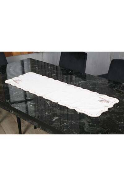 caka home design Runner Leaf Nakışlı Keten Efektli ( Pudra )