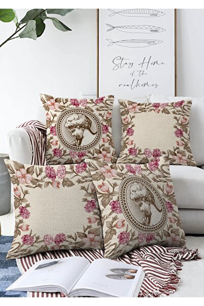 Realhomes Set de 4 fundal crem cu două fețe, desen etnic, imprimat digital, h...