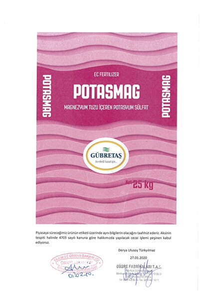 GÜBRETAŞ Potasmag Çiçek Bitki Besini Toz Organik Magnezyum Tuzu İçeren Potasyum Sülfat Gübresi 25 Kg