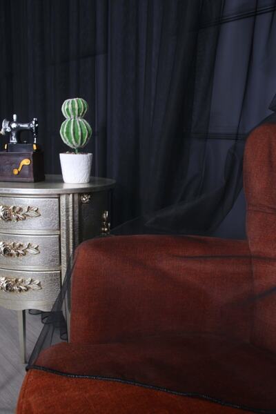 PERDECITY Siyah Grek Tül Perde - Etek Kurşunlu, 300x250cm, 1/2 Seyrek Pile