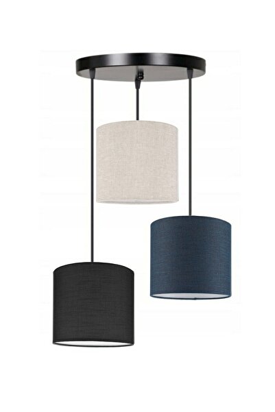 Lit Dizayn 3lü Lacivert Krem Lacivert Kumaş Abajur Sarkıt Avize Modern Dekoratif Tasarım