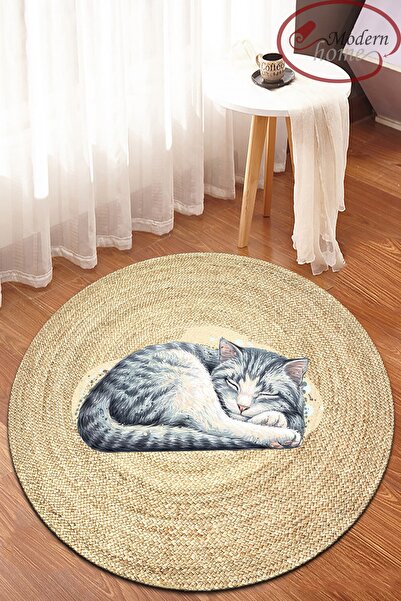 Modern home Kedi Figürlü Yuvarlak Halı Kolay Temizlenebilen Dijital Baskı Der...