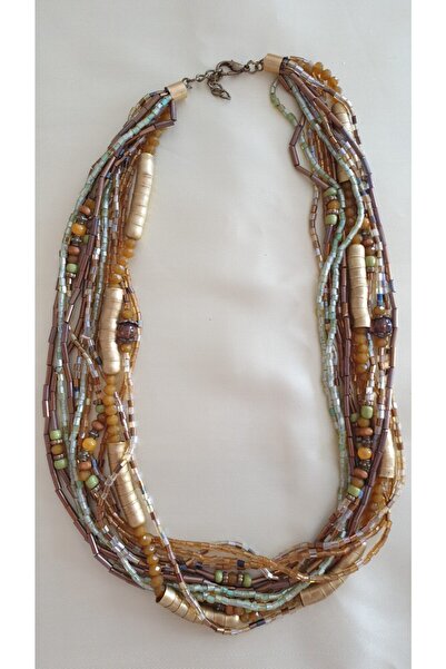 SOUL BY A&B Yeşil Sarı Kahverengi Renkli Taşlı Çok Sıralı Parlak Kolye