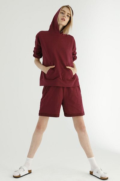 Siyah İnci Claret Red Hooded Kangaroo Pocket Tracksuit-sweatshirt Set with Shorts