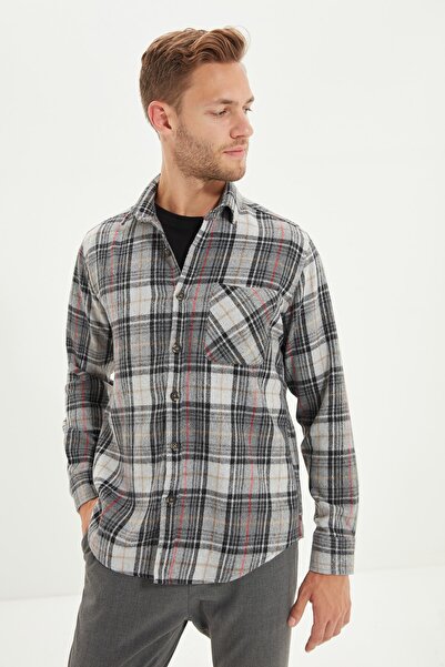 Trendyol Collection Šedá kostkovaná dřevorubecká košile s jednou kapsou – zimní kostkovaná slim Fit TMNAW22GO0090
