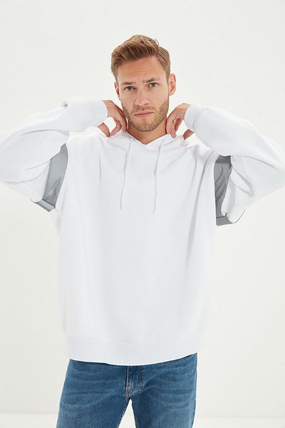 Trendyol Collection Λευκό Oversize/Wide Cut Hooded Reflector Λεπτομερές φλις/ζεστό φούτερ TMNSS20SW0205