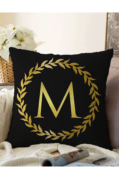 Realhomes Cu două fețe, fundal negru, cu frunze de aur, literă M, cu ramă, cu design special, tricot Raschel, husă de pernă.