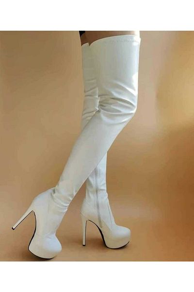 Tarz Women's White Lycra Leather 16 Cm Heeled Boots