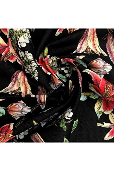 SUZANİ Siyah Zemin Zambak Desenli Kumaş Dijital Baskılı Kumaş Kms-1031