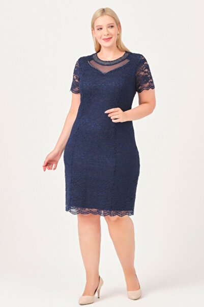 Oktay Küpür Astarlı Tül Yaka Taşlı Aksesuar Lacivert Renkli Abiye Elbise