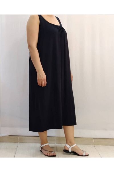 Mertcan Butik Black Dress with Gathered Front and Back Straps