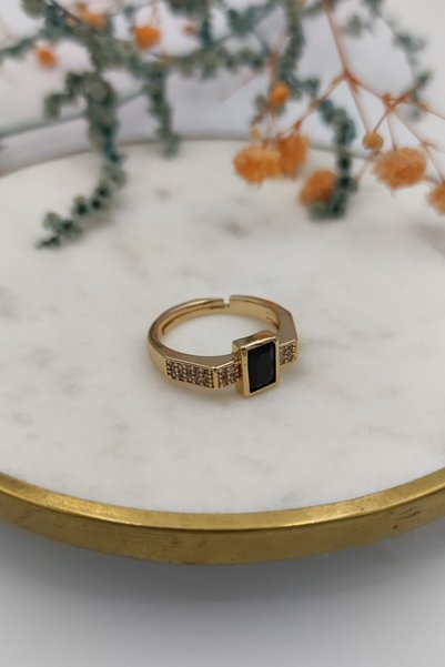 fuya design Siyah Baget Taşlı Geometrik Yüzük