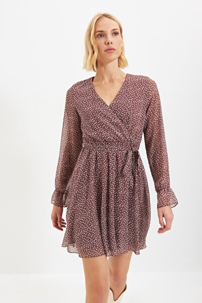 Trendyol Collection Καφέ υφαντό φόρεμα με διπλό στήθος