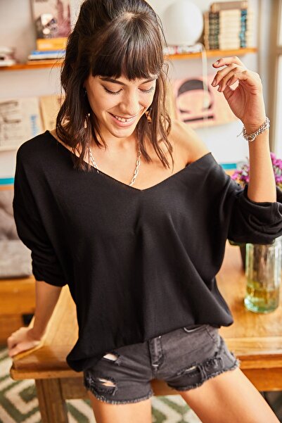 Olalook Kadın Siyah V Yaka Salaş Triko Bluz BLZ-19001586