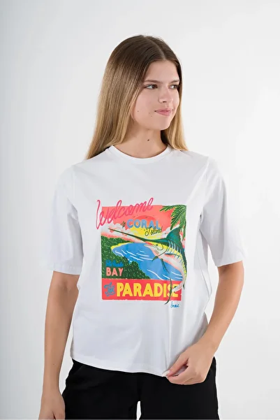 hazelin Tricou cu decolteu rotund cu imprimeu Paradise alb pentru femei HZL24S-YY302
