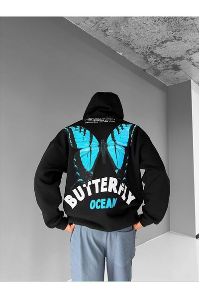 ablukaonline Hanocă neagră unisex oversize cu imprimeu fluture