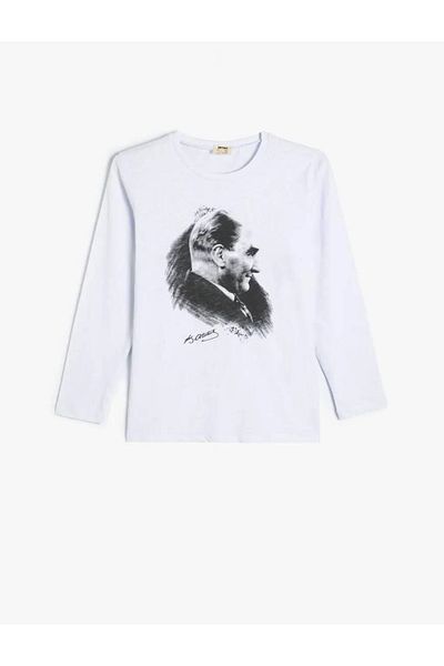 Koton Μακρυμάνικο T-Shirt από βαμβακερό εμπριμέ Ataturk - Crew Neck
